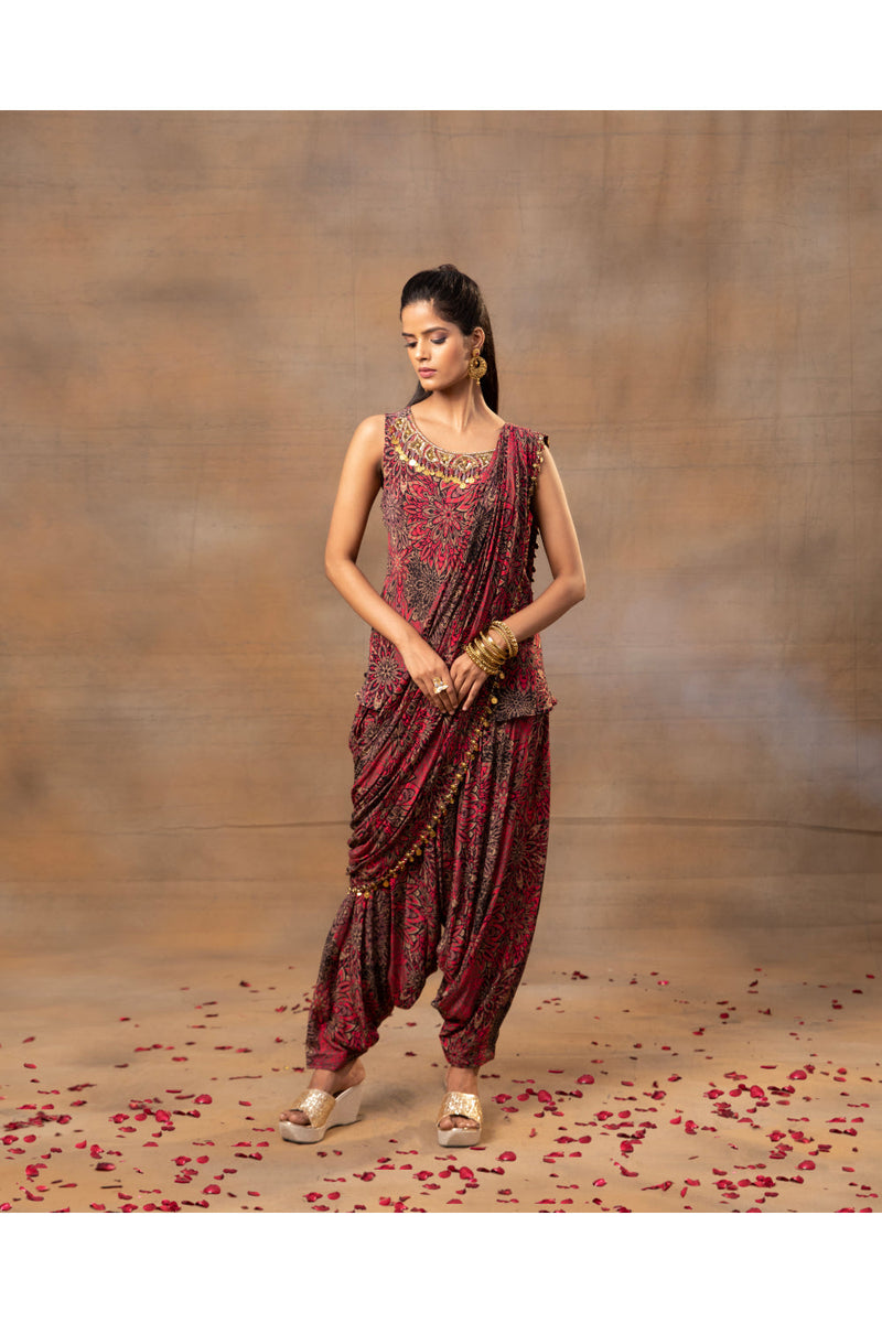 Pink Printed Embroidered Short Top, Dhoti Pants  And Drape Set