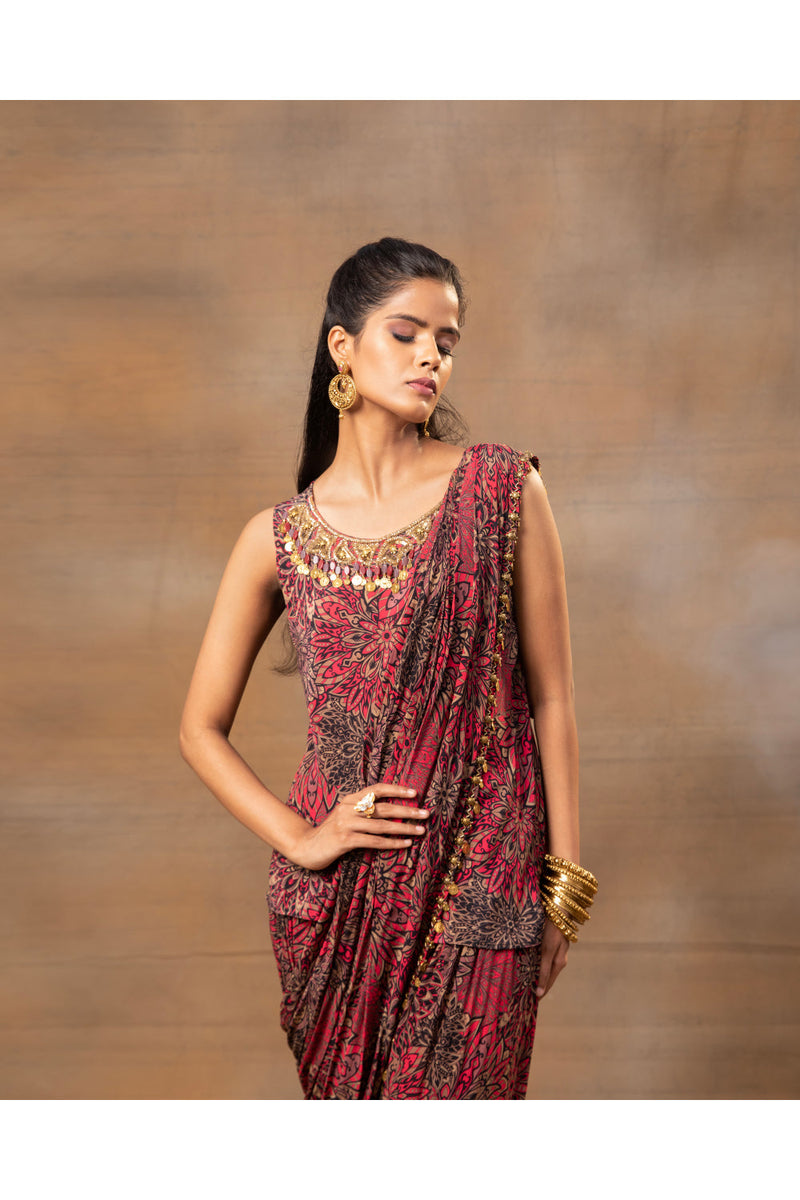 Pink Printed Embroidered Short Top, Dhoti Pants  And Drape Set