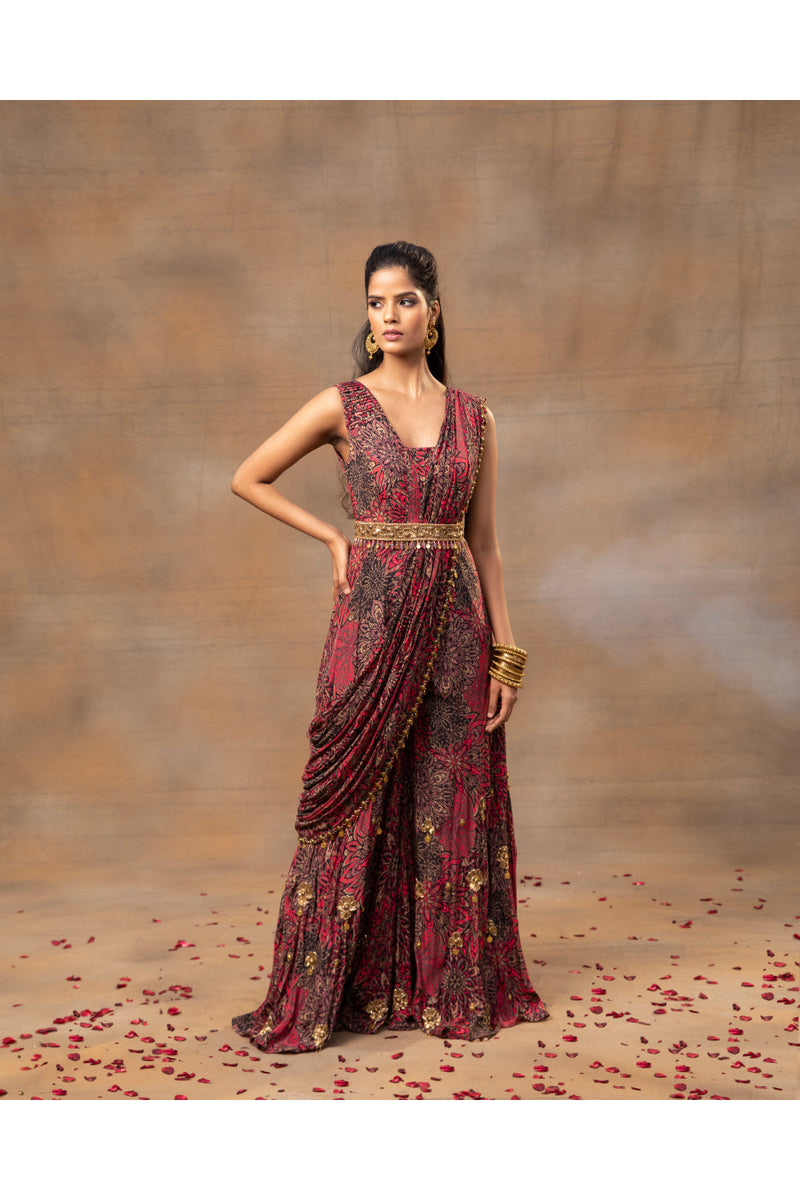 Pink Printed Jumpsuit, Drape And Belt With Embroidery