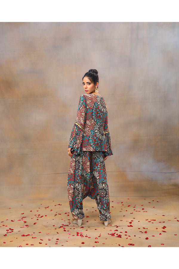 Green Printed Embroidered Short Top With Low Crotch Dhoti Pants Set