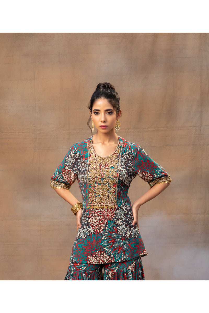 Green Printed Embroidered Short Kurta With Sharara Set