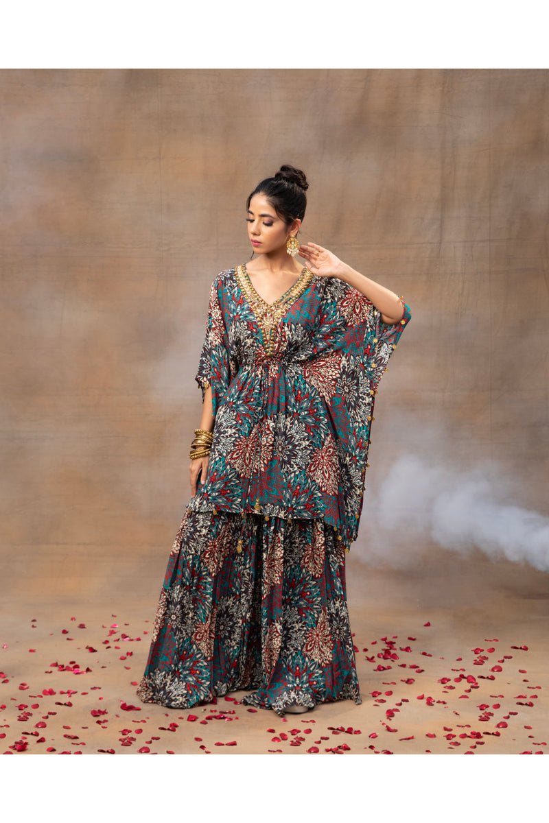 Green Printed Embroidered Kaftan Top With Sharara Set