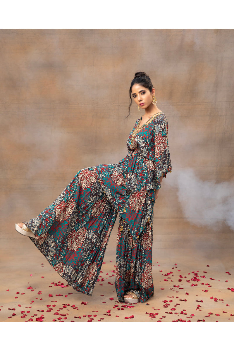 Green Printed Embroidered Kaftan Top With Sharara Set