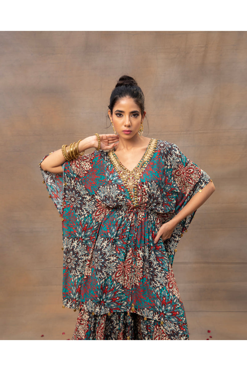 Green Printed Embroidered Kaftan Top With Sharara Set