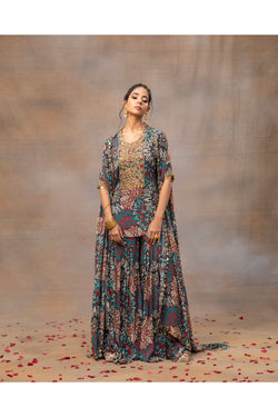 Green Printed Embroidered Short Kurta, Sharara And Cape Set