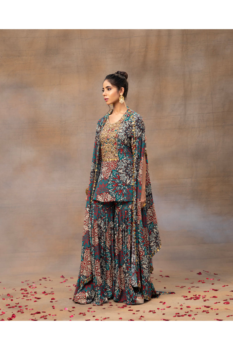 Green Printed Embroidered Short Kurta, Sharara And Cape Set