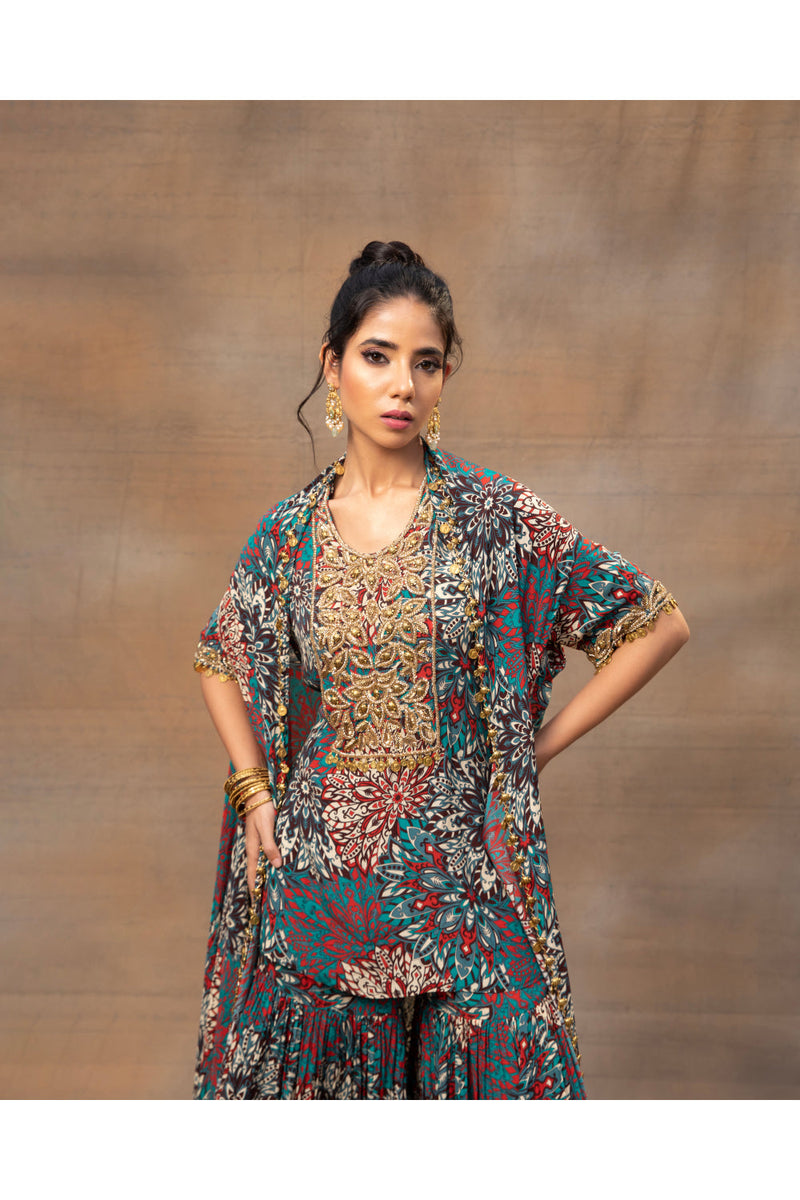 Green Printed Embroidered Short Kurta, Sharara And Cape Set