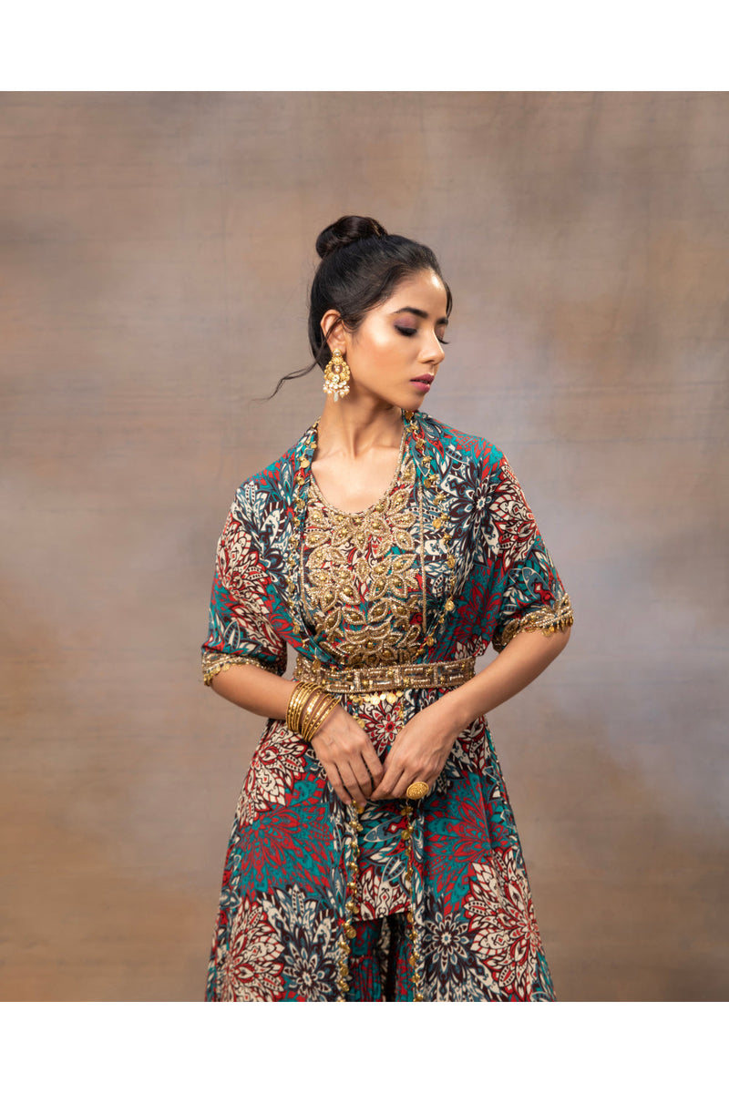 Green Printed Embroidered Short Kurta, Sharara, Cape And Belt Set