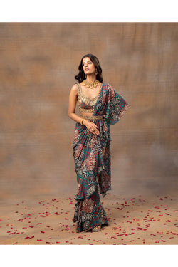 Green Printed Embroidered Ruffle Sari And Belt Set