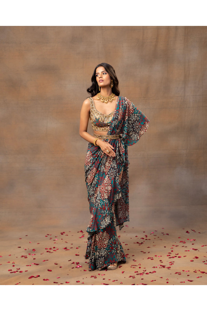 Green Printed Embroidered Ruffle Sari And Belt Set