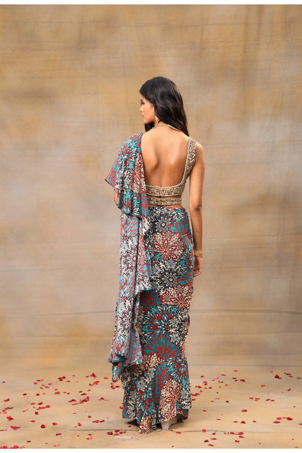 Green Printed Embroidered Ruffle Sari And Belt Set