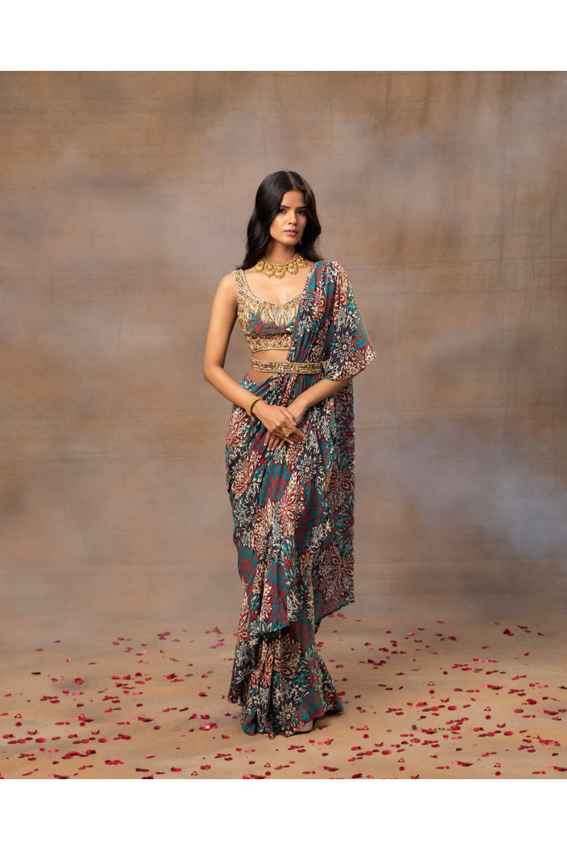 Green Printed Embroidered Ruffle Sari And Belt Set