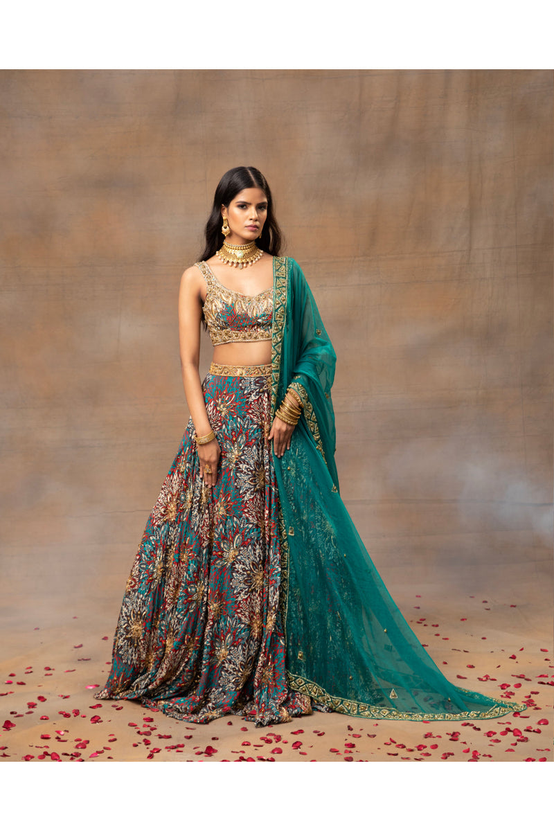 Green Printed Embroidered Choli, Lehenga And Dupatta Set