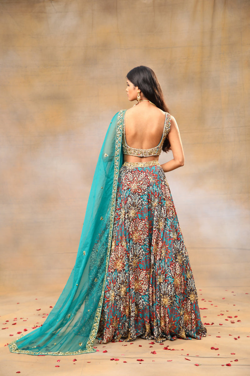 Green Printed Embroidered Choli, Lehenga And Dupatta Set