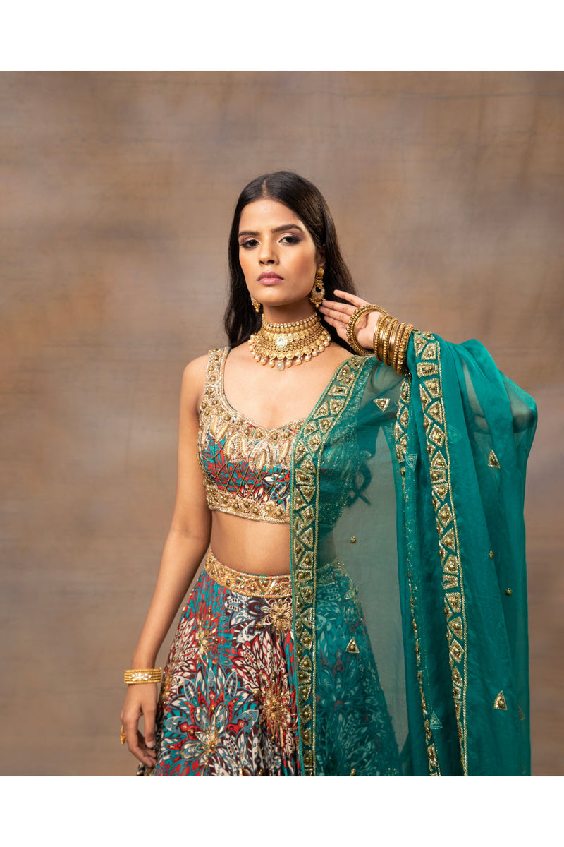 Green Printed Embroidered Choli, Lehenga And Dupatta Set