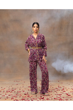 Purple Printed Embroidered Top, Pants And Belt Co Ord Set