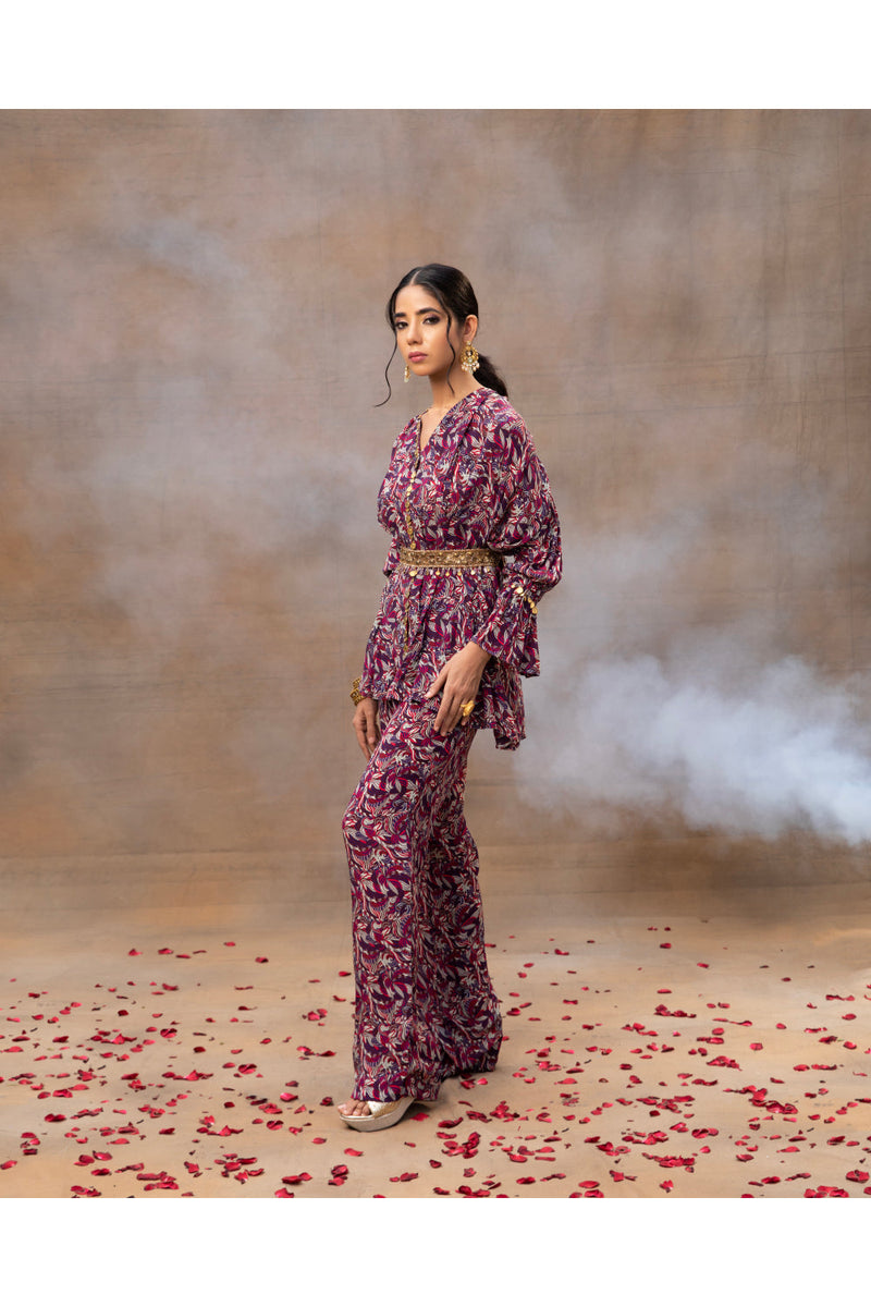 Purple Printed Embroidered Top, Pants And Belt Co Ord Set