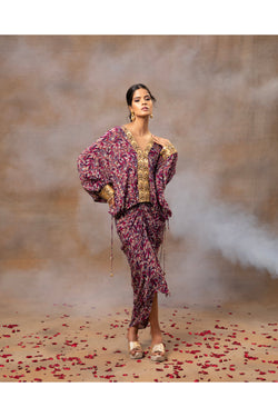 Purple Printed Embroidered Batwing Top With Draped Skirt Set