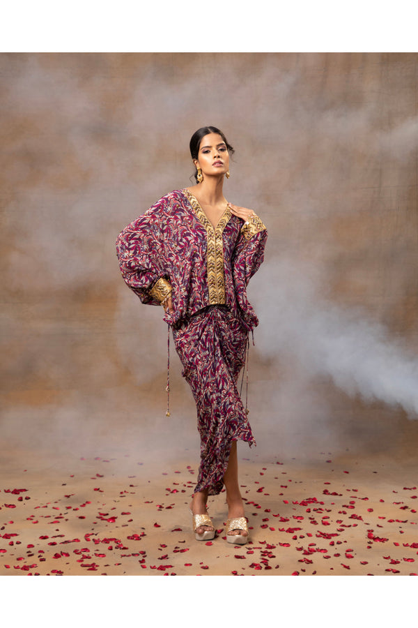 Purple Printed Embroidered Batwing Top With Draped Skirt Set