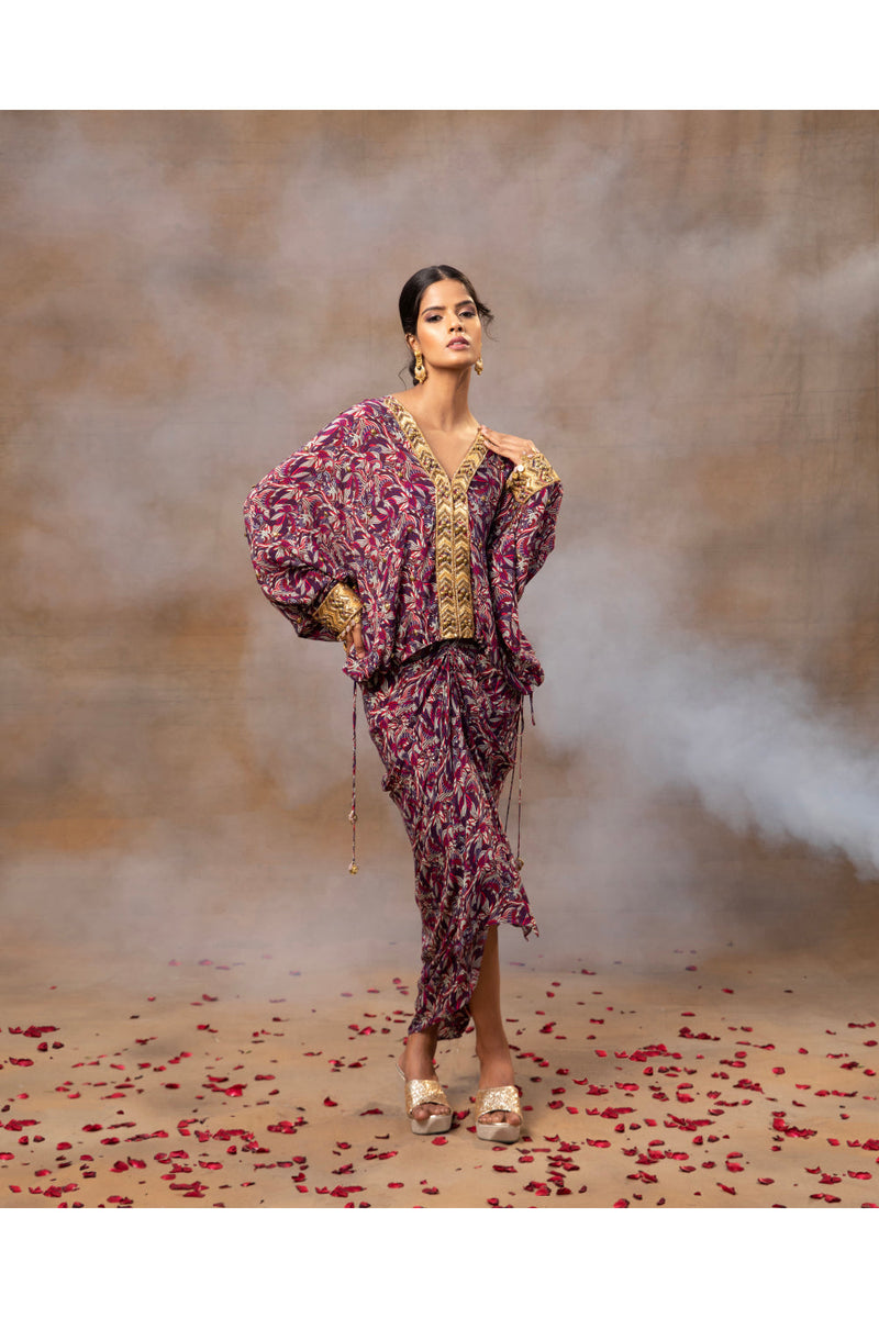 Purple Printed Embroidered Batwing Top With Draped Skirt Set