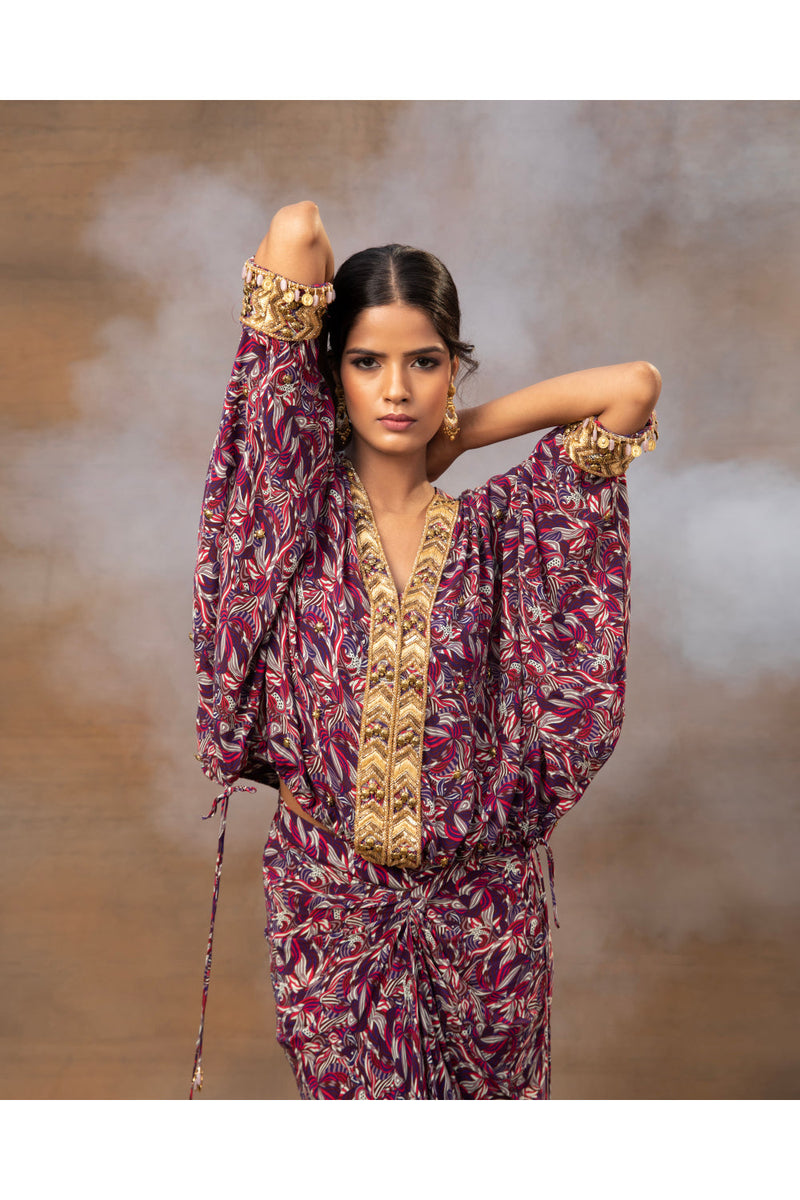 Purple Printed Embroidered Batwing Top With Draped Skirt Set