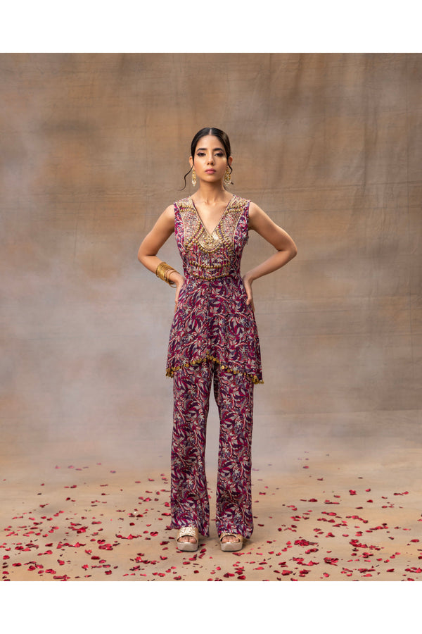 Purple Printed Embroidered Top With Pants Set