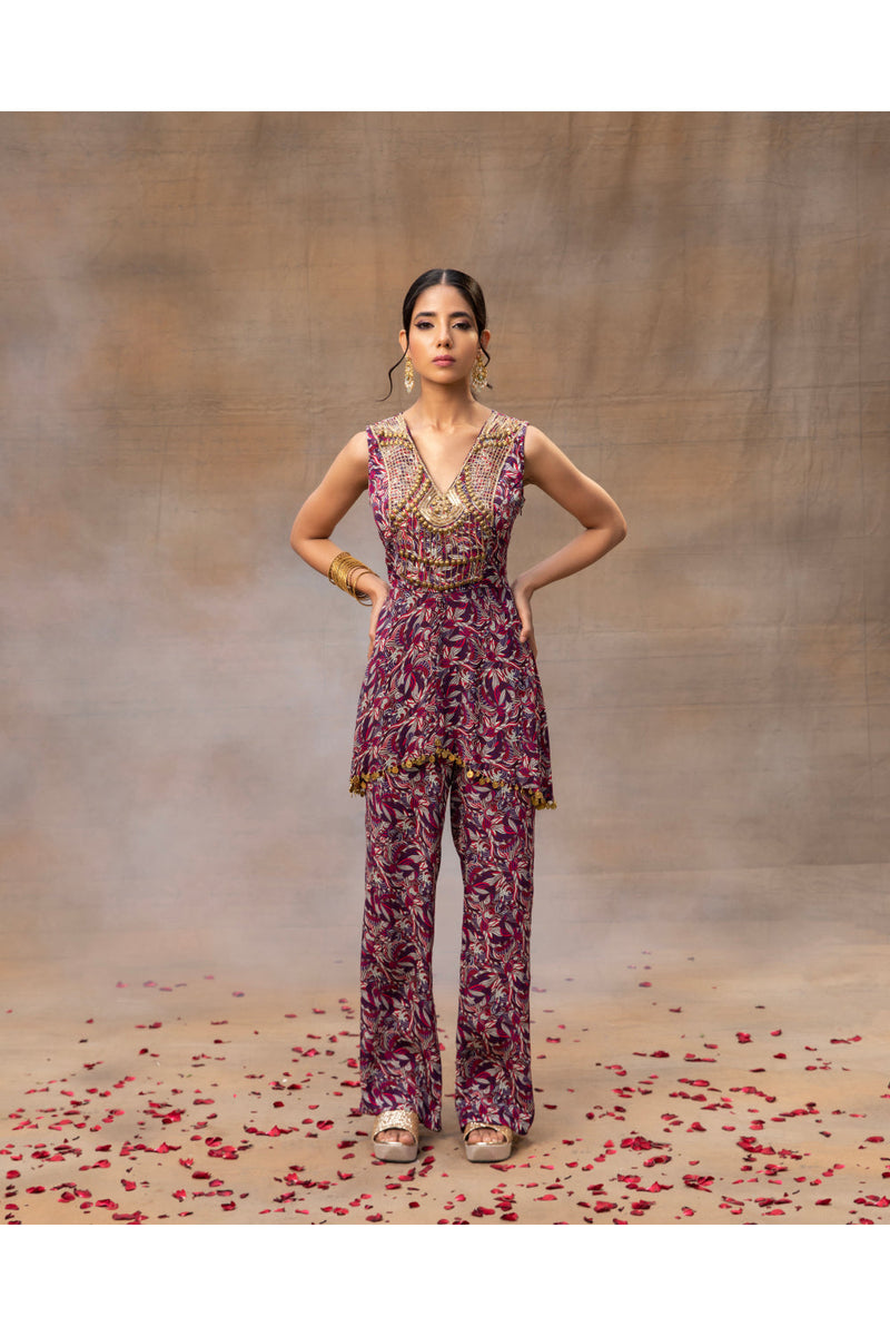 Purple Printed Embroidered Top With Pants Set