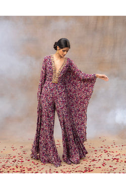 Purple Printed Embroidered Kaftan Jumpsuit