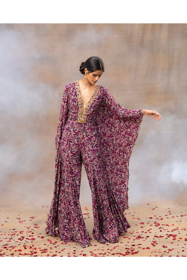 Purple Printed Embroidered Kaftan Jumpsuit