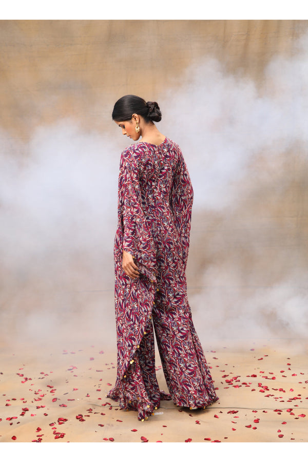 Purple Printed Embroidered Kaftan Jumpsuit