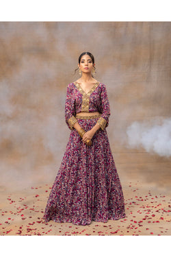 Purple Printed Embroidered Batwing Sleeves Top With Lehenga Set