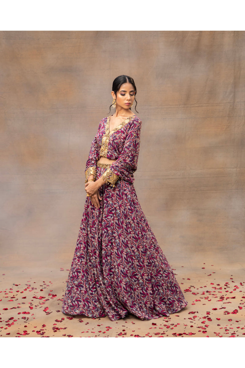 Purple Printed Embroidered Batwing Sleeves Top With Lehenga Set