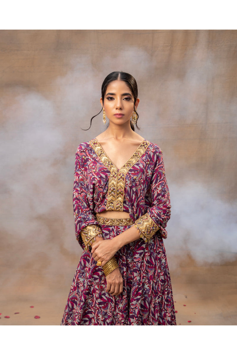 Purple Printed Embroidered Batwing Sleeves Top With Lehenga Set