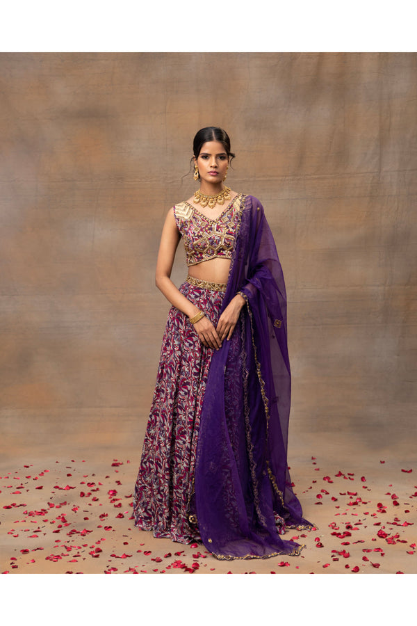 Purple Printed Embroidered Choli, Lehenga And Dupatta Set