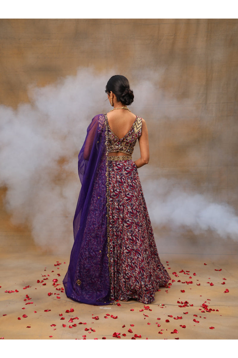 Purple Printed Embroidered Choli, Lehenga And Dupatta Set