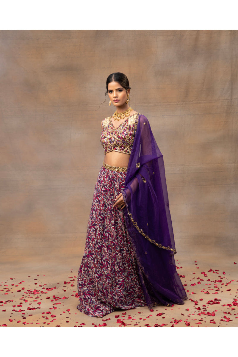 Purple Printed Embroidered Choli, Lehenga And Dupatta Set