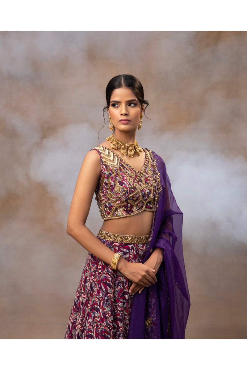 Purple Printed Embroidered Choli, Lehenga And Dupatta Set