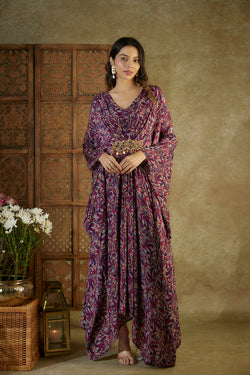 Purple Printed Kaftan With Embroidery