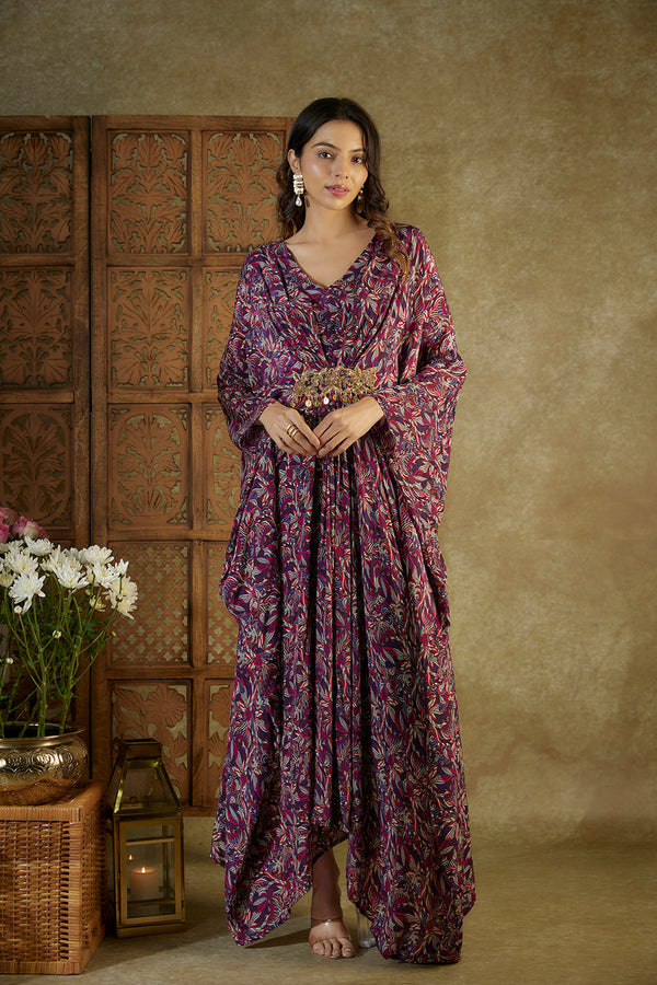 Purple Printed Kaftan With Embroidery