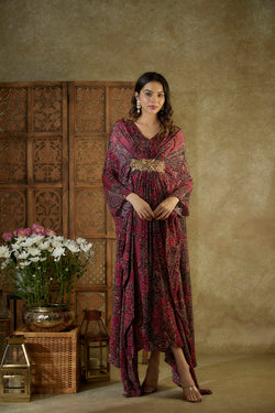 Pink Printed Kaftan With Embroidery