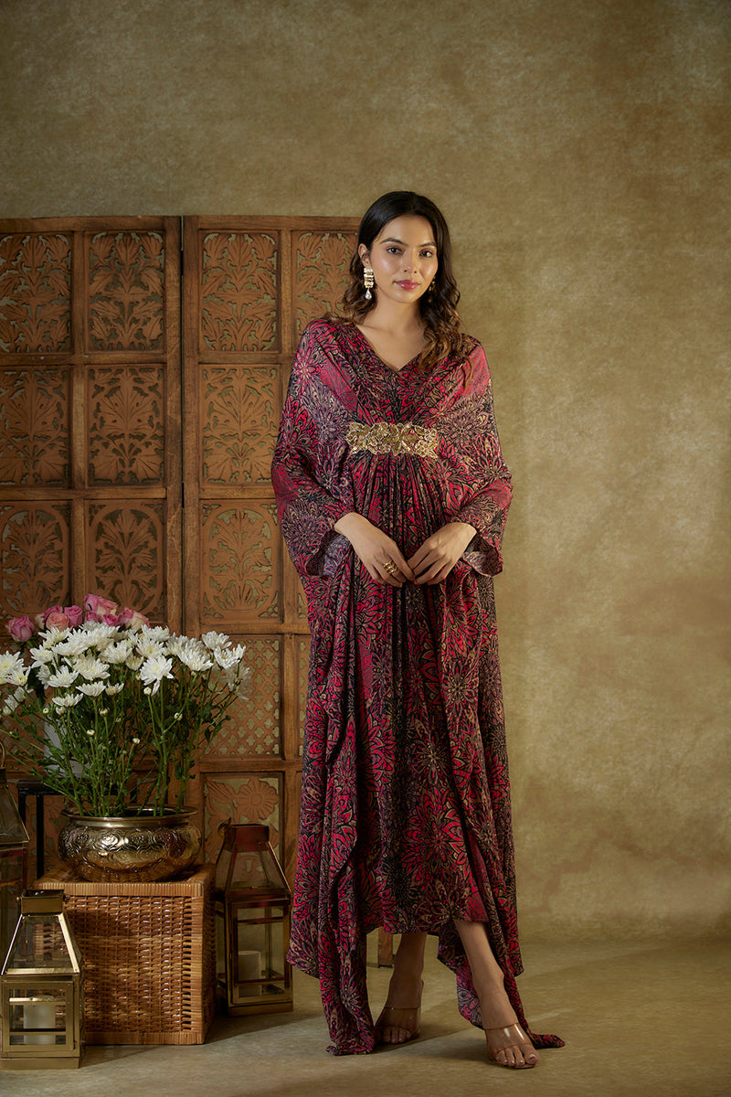 Pink Printed Kaftan With Embroidery