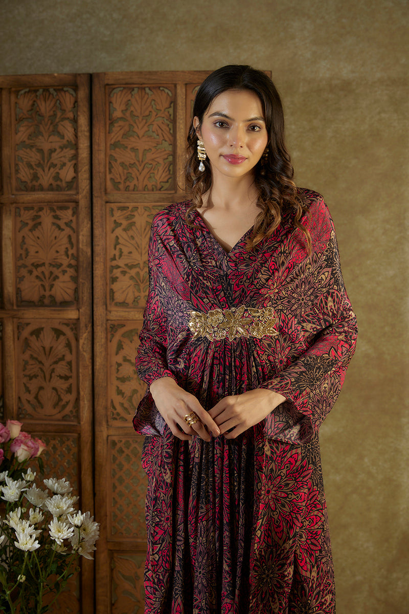 Pink Printed Kaftan With Embroidery