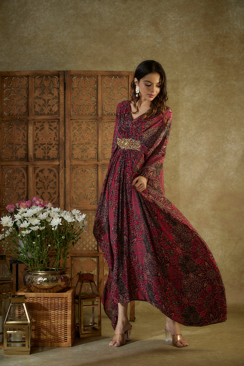 Pink Printed Kaftan With Embroidery