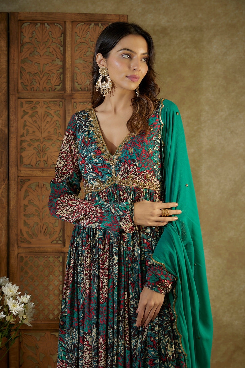 Green Printed Anarkali With Embroidery And Dupatta Set