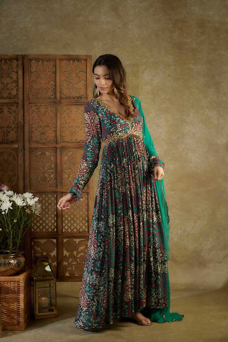 Green Printed Anarkali With Embroidery And Dupatta Set