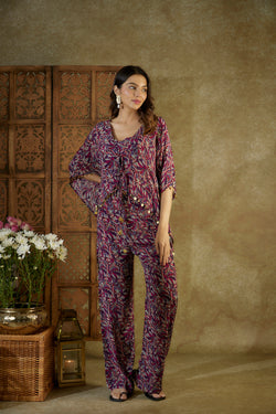 Purple Printed Kaftan Top, Bustier And Pants Co Ord Set