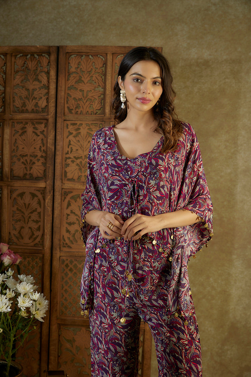 Purple Printed Kaftan Top, Bustier And Pants Co Ord Set