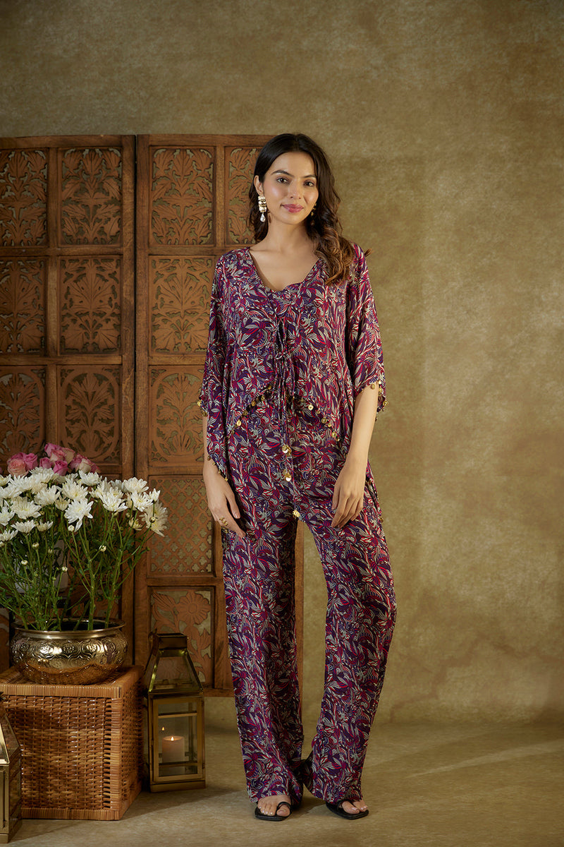 Purple Printed Kaftan Top, Bustier And Pants Co Ord Set