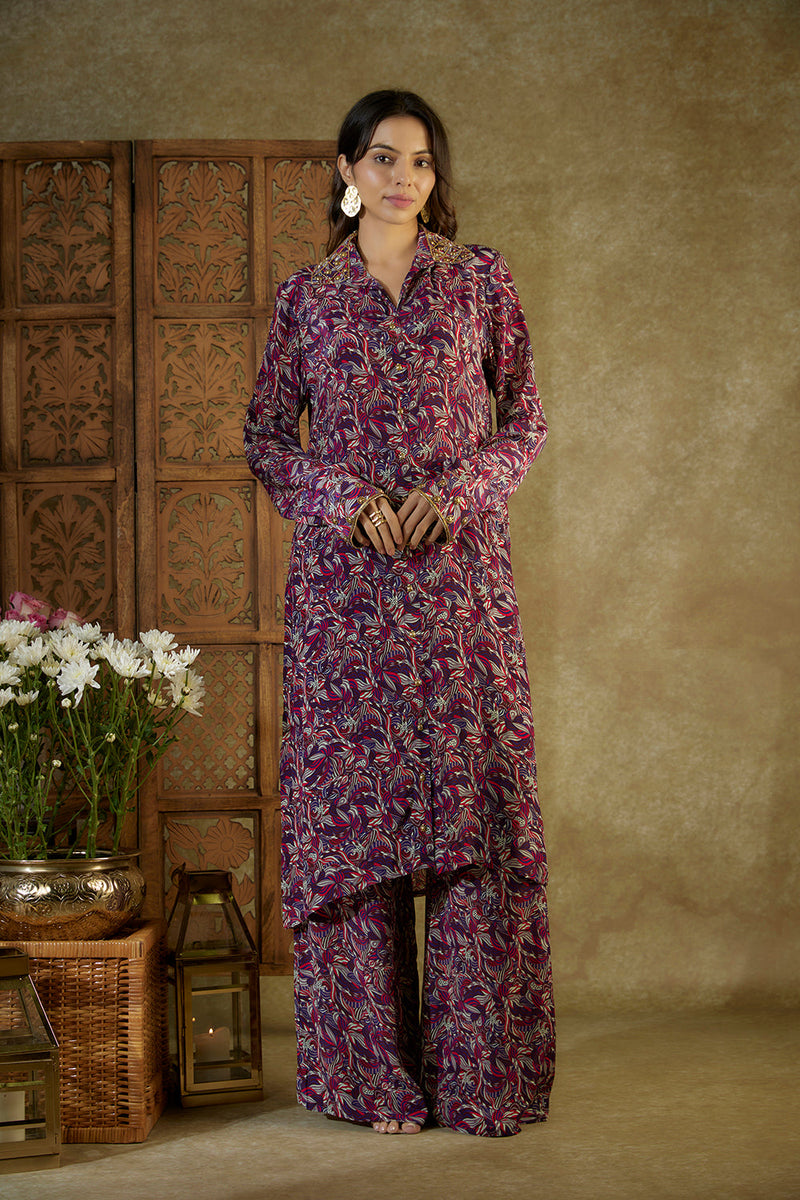 Purple Printed Embroidered Long Kurta And Pants Set