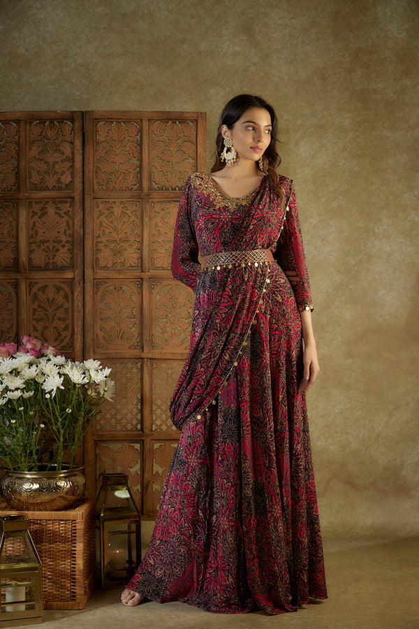 Pink Printed Anarkali With Pre Pleated Drape And Belt